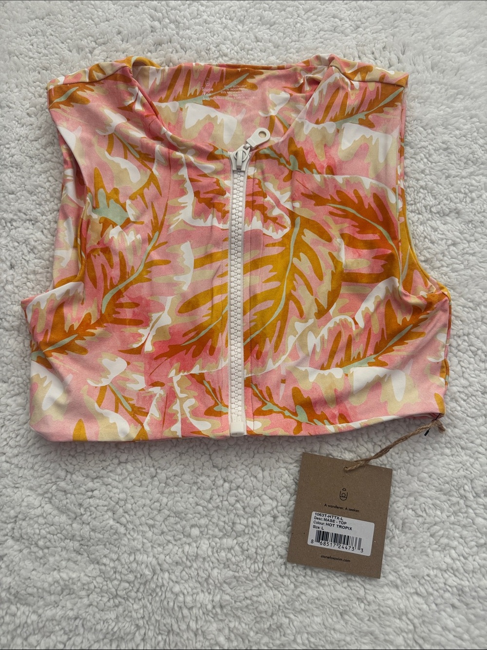 Stone Fox Swim Pink and Mustard Tropical Zip-Front Bikini Top
